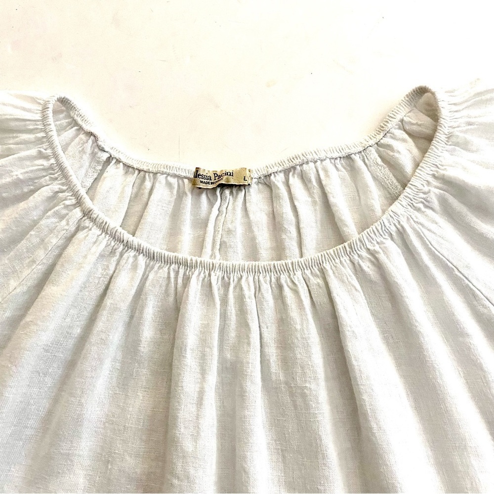 White Linen Blouse Top Sz Large Crochet Peasant Bell Sleeve Prairie Summer - Picture 6 of 13